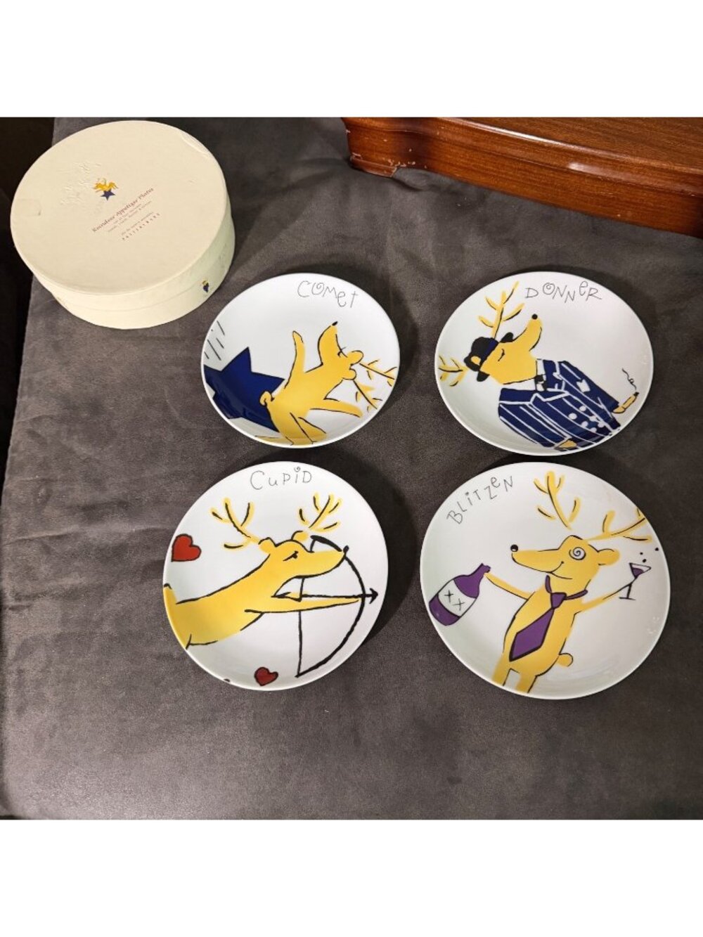 Pottery Barn Reindeer Appetizer Plates Set Of 4 Porcelain Holiday